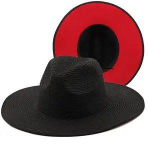 Topi Fedora Pria Chic Mode Baru 2022 Topi Lebar Pinggiran Lebar Jerami Kertas Hitam dan Merah Topi Fedora Panama Dua Warna Topi Jazz Klasik