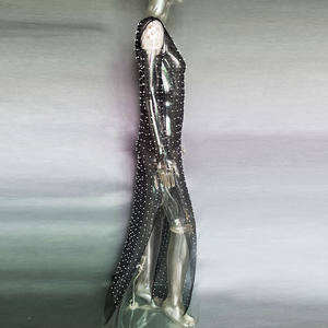 Venta al por mayor de las mujeres sudaderas con capucha de ganchillo malla de diamantes de imitación perla pegatinas de malla de diamantes transparentes vestidos largos - Product Image 4