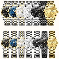 Olevs 3666 Couple Montres À Quartz Étanche Simple Mode Couple Lumineux En Acier Inoxydable Calendrier Affichage Montre pour Amoureux