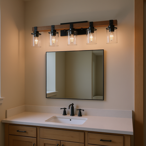 Luminaire de salle de bain rustique industriel à 5 lumières, 35 pouces, avec accents en bois et abat-jour en verre, lampe murale pour miroir, blanc chaud - Product Image 2