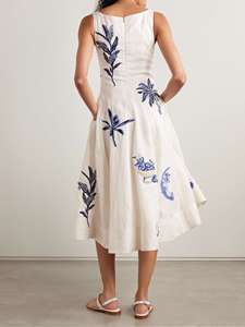 Abito Midi in <span class=keywords><strong>Lino</strong></span> Bianco Personalizzato con Applicazioni Floreali Ricamate per <span class=keywords><strong>Donna</strong></span>, Collo Quadrato, Elegante e Casual per l'Estate - Product Image 3