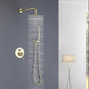 豪華な金色の壁掛けシャワーシステムセットバスルームブラッシュドゴールドダブルハンドルレインシャワーセット