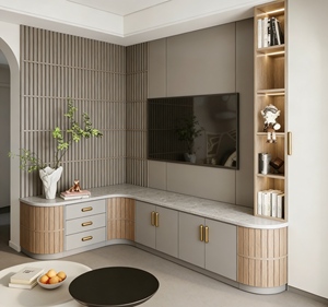 Minimalist Oriental-Style <b>TV</b> Stand - Sleek Living Room Furniture with Wooden Grid Accents & Integrated Storage Organization - Product Image 3