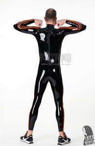 Traje de látex con cremallera en el pecho y doble franja para hombre, ribete negro y naranja, 0,4 mm de grosor - Product Image 3
