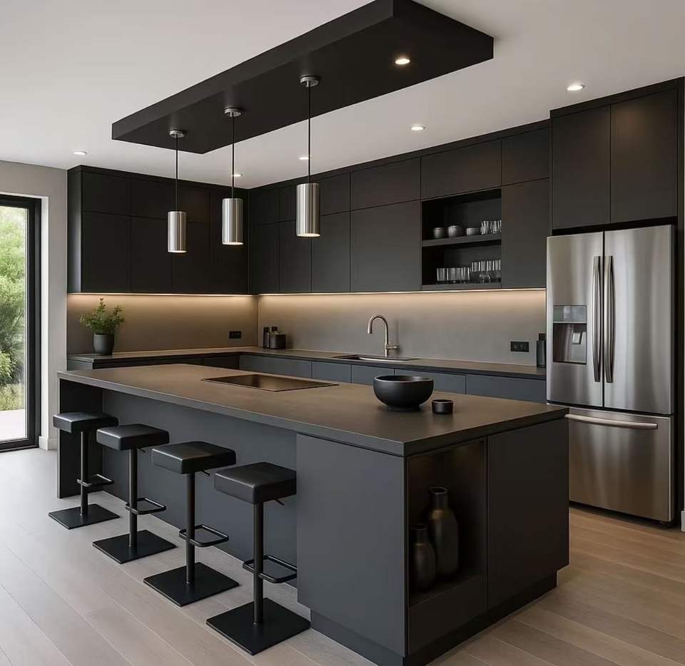 Contemporary Matte Grey Kitchen Cabinetry Stone Backsplash LED Light ...