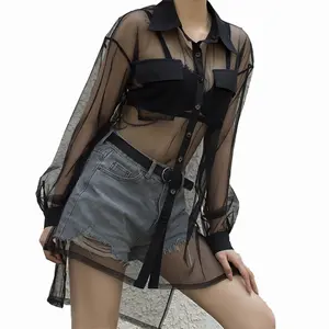 2023Sexy glamour shirt Womens Chiffon Blouses See Through Button Up Shirt Clothing Transparent Swimsuit Cover Up Kimono Cardigan