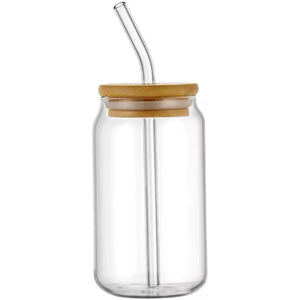 Tazas de Vidrio de la Serie JOY, Fabricantes de Tazas de Vidrio de Borosilicato Alto, Taza de Café de Vidrio con Tapa de Bambú y Pajita - Product Image 1