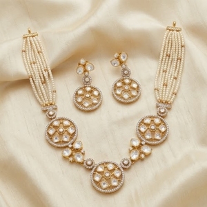 Traditional Pearl 925 Silver Kundan <b>Necklace</b> Set Gold Bridal Jewelry with Earrings Geometric Design for Women Wedding Jewelry - Product Image 3