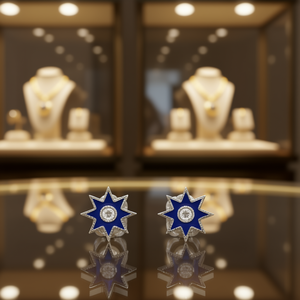 Orecchini a perno blu zaffiro con diamante taglio brillante rotondo incastonato a castone per gioielli da donna alla moda - Product Image 2