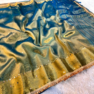 Sari en tissu de soie Banarasi orné de motifs KV (bleu clair) - Vêtement traditionnel pour les fêtes - Product Image 1