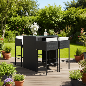 Ensemble de bar de jardin en polyrotin noir avec verre trempé, mobilier d'extérieur 4 places, design contemporain - Product Image 2