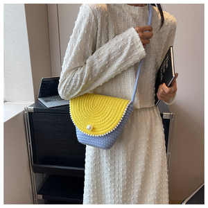 Purple Woven Cotton Rope Mini Beach Bag With Pearl Flap Crossbody Shoulder Bag For Women Summer Casual Everyday Use - Product Image 5