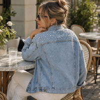 Veste en jean ornée de perles pour femme, style vintage, personnalisée, effet vieilli, automne, écologique