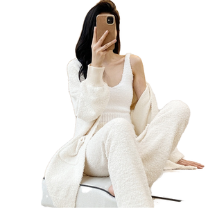 Ensemble de pyjama trois pièces décontracté pour femme, automne-hiver, uni, col en V, manches longues, cardigan chaud et épais, tricot respirant, taille élastique - Product Image 1