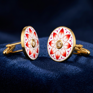 Boutons de manchette en émail rouge fait main pour hommes, en laiton rond avec motif de vigne, pour tenue formelle, anniversaire, Rajasthan Mayrabygungun - Product Image 6