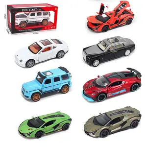 Mobil mainan logam paduan tarik ke belakang, mobil mainan simulasi 6 pintu terbuka suara dan cahaya, Model koleksi skala 1/32 untuk anak laki-laki