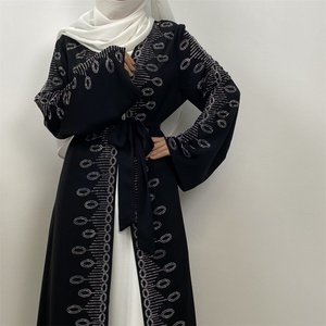1424#B <b>Ladies</b> Latest Design Nida Material <b>With</b> <b>Pockets</b> Shiny Hot Drilling Versatile <b>Black</b> Color Open Abaya Diamond <b>Cardigan</b> - Product Image 4