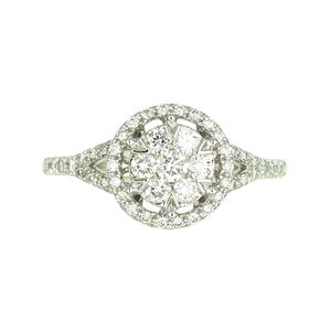 Bague de fiançailles de luxe en or blanc 18 carats avec double halo ouvert et diamants en grappe ronds, bijoux pour femmes - Product Image 1