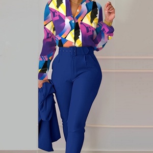 2025 Spring New Elegant Women's Mandarin Collar Button Floral Long Sleeve Shirt + Pants Casual Two Piece <b>Set</b> (No Coat) - Product Image 2