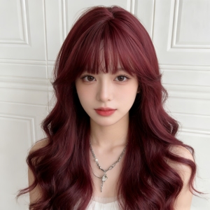 Perruque longue bouclée rouge <span class=keywords><strong>framboise</strong></span> avec frange, cheveux synthétiques doux et naturels, résistante <span class=keywords><strong>à</strong></span> la chaleur, pour femmes, pour la <span class=keywords><strong>vie</strong></span> quotidienne, les fêtes et le cosplay - Product Image 1