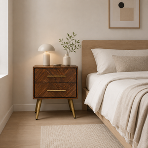 Table de chevet moderne en bois à 2 tiroirs avec pieds en laiton, fournisseur direct OEM ODM, usine de meubles de chambre à coucher - Product Image 1
