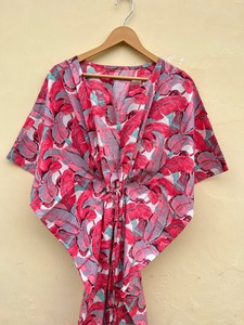 Caftán Indio de Algodón con Estampado de Plumas, Estilo Informal, para Mujer, Damas de Honor, Largo hasta la Rodilla, con Cordón Ajustable, Ligero, para Invierno - Product Image 4