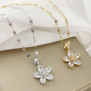 14 קראט מצופה זהב פרח זירקון פרח זירקון לב נירוסטה חיקוי פנינה אלגנטי טרנדי אלגנטי שרשרת תכשיטים אופנה לנשים - Product Image 5