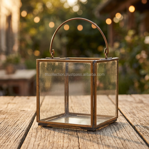 Square Brass <b>Lantern</b> With Glass Panels And <b>Metal</b> Handle For Home Decoration - Product Image 3