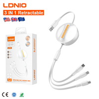 LDNIO kabel Data ponsel 3 in 1 LC90A, kabel Data ponsel 3 in 1 dapat ditarik putih 4.2A, kabel Data multi-pengisian cepat USB-C untuk ponsel/Tipe C/Android