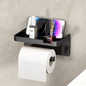 <b>Wall</b> Mount Toilet Paper <b>Holder</b> With <b>Phone</b> Tray Waterproof Plastic Bathroom Storage Rack Modern Design - Product Image 1