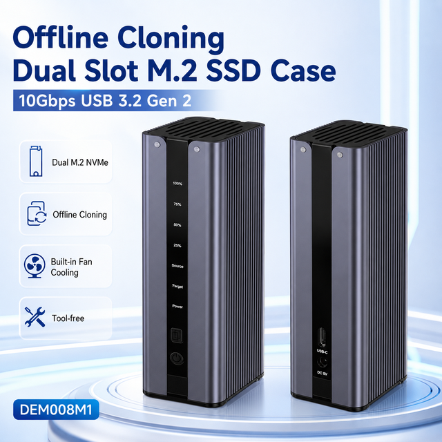 Dual-Bay M.2 NVMe SSD Case, USB-C 10Gbps, Offline Cloning, Fan, Tool-Free, 2x8TB 2230/2280, Aluminum+ABS for Win/Mac/Linux