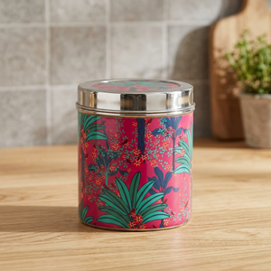 Round Stainless steel Food Container with Bohemian Tropical Print Red Airtight Lid 1-3L Storage Jar - Product Image 2