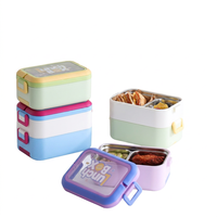 Boîte à bento double couche en acier inoxydable 304 avec couche intérieure amovible, anti-fuite, poignée dissimulée, couleur pastel, avec couverts, pour le bureau