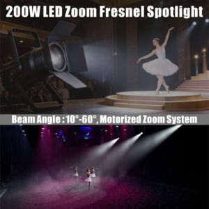 Prix d'usine 220W COB LED Zoom Fresnel Spotlight Blanc Chaud CCT 3200K-5600K DMX512 IP20 Lumières <span class=keywords><strong>de</strong></span> Scène pour Théâtre, Studio TV et <span class=keywords><strong>Salle</strong></span> - Product Image 2
