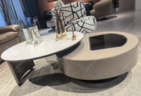 Mesa de Centro Redonda Giratoria con Tapa de Pizarra Blanca Brillante de Estilo Minimalista Italiano, Mesa de Centro Combinada Minimalista para Sala de Estar
