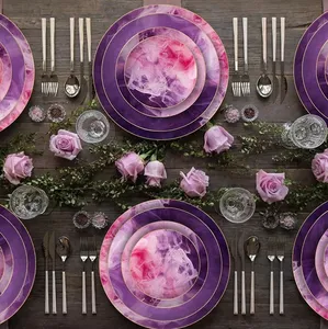 Креативные фарфоровые тарелки с принтом из костяного фарфора, свадебные декоративные столовые сервизы фиолетового цвета