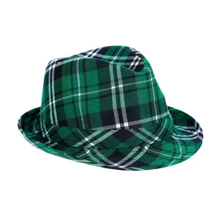 St. Patrick hari pesta nikmat topi Fedora hijau kotak-kotak dengan kain Jazz untuk perayaan