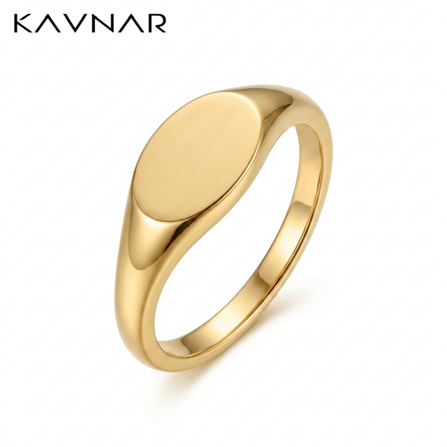 KAVNAR Minimalist Signet Ring, 14K Gold Plated Brass, Classic Oval Plain Design for Unisex