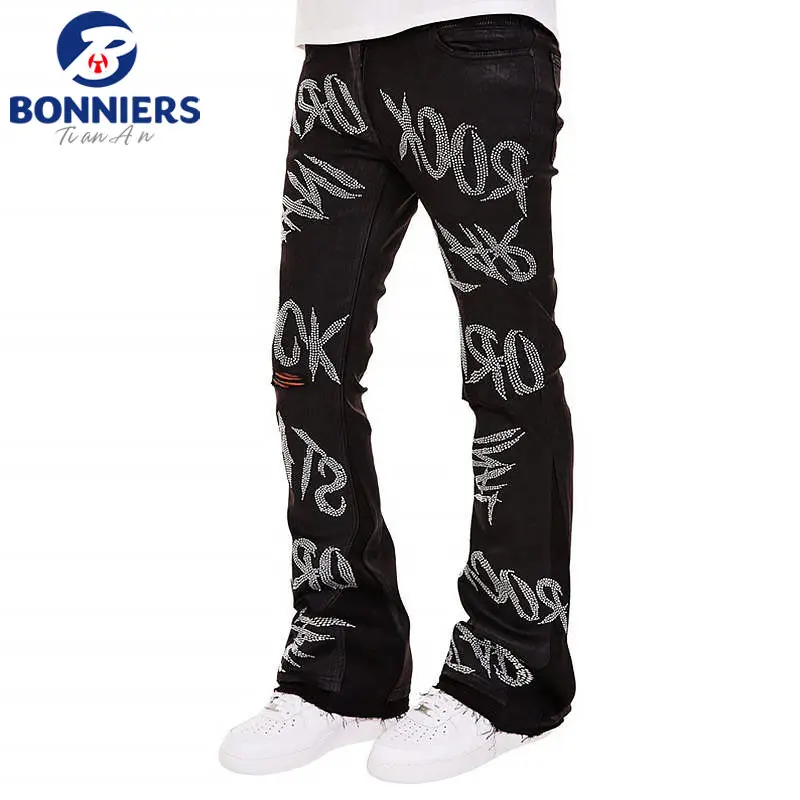 OEM/ODM-pantalones de diseño holgado para hombre, Jeans personalizados con diamantes de imitación y letras de pierna ancha