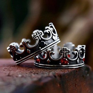 yunnique Crown <b>Cross</b> <b>Ring</b> Stainless Steel Unisex Viking Style Red Gemstone Jewelry Gift - Product Image 4