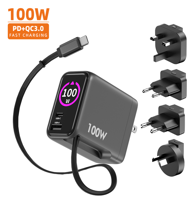 100W GaN USB Charger with Type C Retractable Cable 3 Port AI SMART CHARGING TFT Display PD3.0 PPS Fast Charger for iPhone Xiaomi