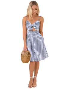 2021 Summer Fashional Trend Spaghetti Strap Lightweight Women Pastel Color Stripe Midi Dress with Buttons Down Front