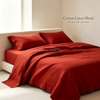 Parure de lit 4 pièces en mélange de lin et coton rouge chaud, housse de couette et taies d'oreiller respirantes toutes saisons pour décoration intérieure moderne