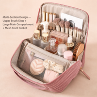 Sac de toilette en velours rose poudré OEM pour femmes, multi-compartiments, grande capacité, avec poignée supérieure, organiseur de voyage