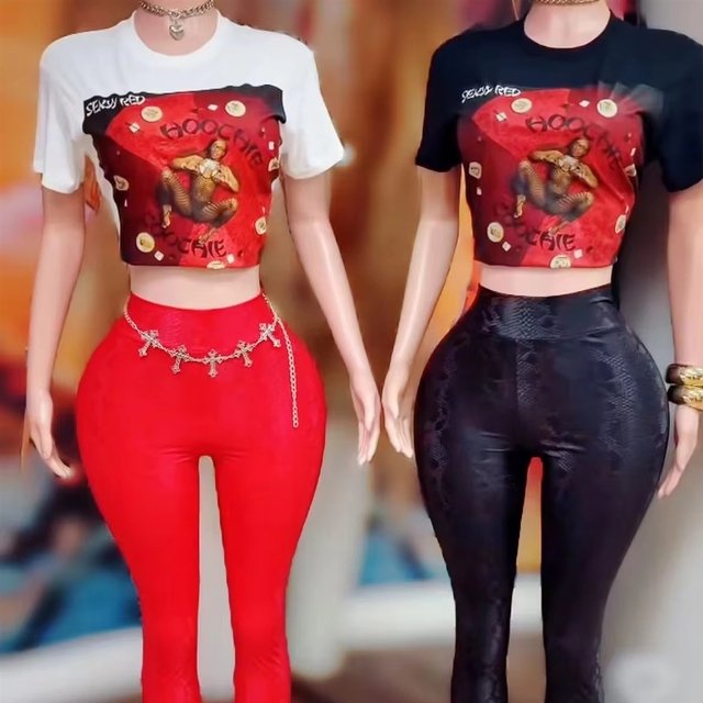 Peeqi New Y2K Washed Cotton Graphic Printed Tee T-shirt and Polyester Pants Casual Sexy Fashion 2 Piece Set Women Streetwear