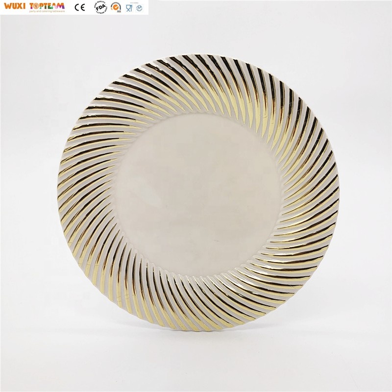 Высокое качество 7 "одноразовая пластиковая белая пластина с золотым спираль обод