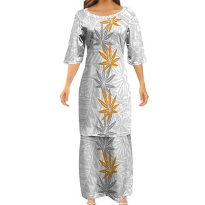 Conjunto Puletasi Samoano con Cintura Elástica, Vestido Maxi de Dos Piezas para Mujer, para Fiesta Luau, Tela Natural de Secado Rápido, Ajustado al Cuerpo, Tallas XS-7XL, Polinesia - Product Image 1