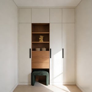 Armoire blanche moderne avec tiroirs et étagères ouvertes, banc d'entrée d'angle en bois massif laqué - Product Image 1
