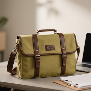 新しいデザインのグリーンキャンバス + 本革ブリーフケース高品質耐久性のある男性用キャンバスラップトップバッグカスタマイズされたロゴ付き - Product Image 3