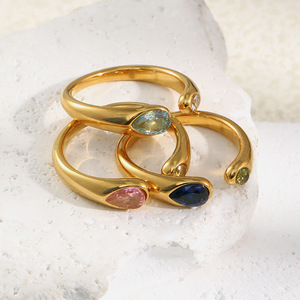 2026 High End Dual Pear Shaped Colored Zircon Set Stainless Steel 18K Gold Plated <b>Adjustable</b> Open Cuff Stackable Finger <b>Ring</b> - Product Image 4